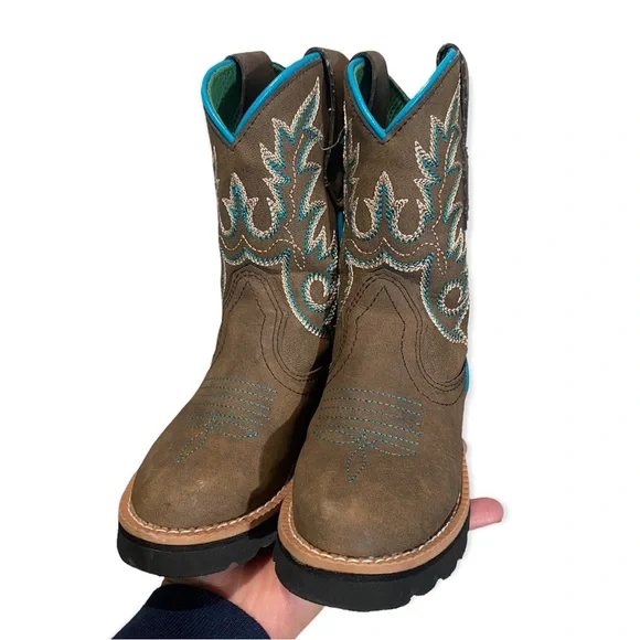 John Deere girls brown blue size 9 cowgirl boots - Picture 1 of 5